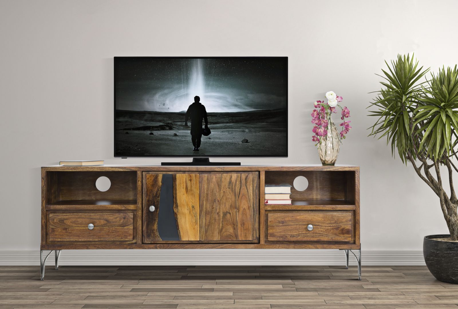 Porta Tv Mustang 175x40x60 cm in Legno di Acacia e in Ferro Marrone e Grigio