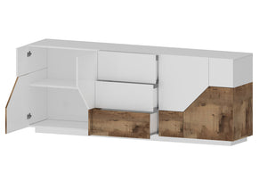 Credenza 4 Ante + 3 Cassetti 220,1x43x86 cm Alien Bianco Lucido e Acero Pereira