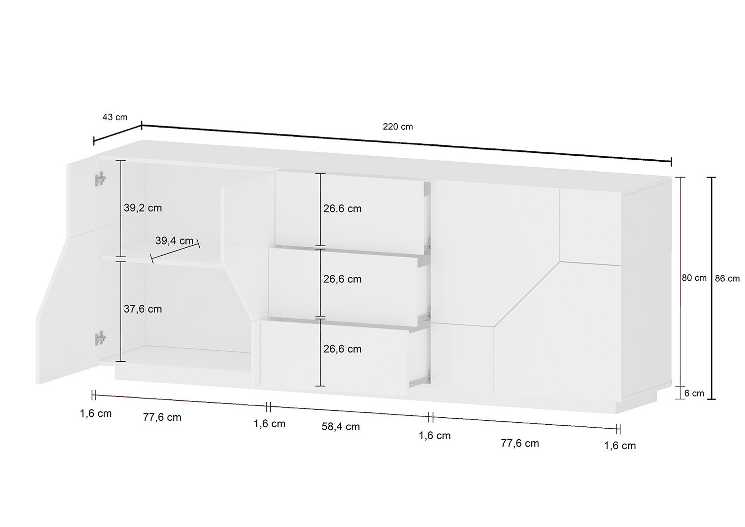 Credenza 4 Ante + 3 Cassetti 220,1x43x86 cm Alien Bianco Lucido e Acero Pereira