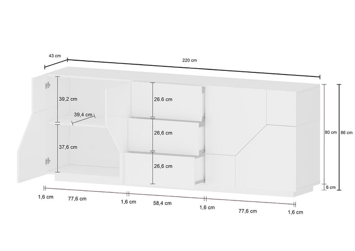 Credenza 4 Ante + 3 Cassetti 220,1x43x86 cm Alien Bianco Lucido e Acero Pereira