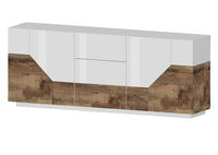 Credenza 4 Ante + 3 Cassetti 220,1x43x86 cm Alien Bianco Lucido e Acero Pereira