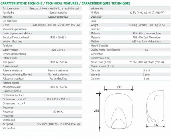 Asciugamani elettrico da parete - ECOstream LF 1100 Hot - Metallo cromato