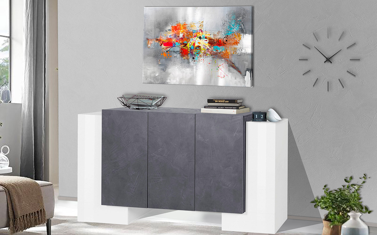 Credenza 2 + 3 Ante 170x45x85 cm Pillon Bianco Lucido e Ardesia