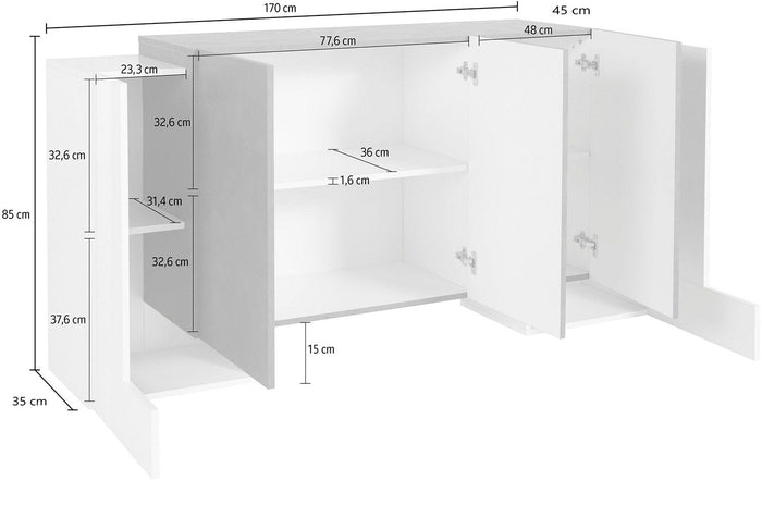 Credenza 2 + 3 Ante 170x45x85 cm Pillon Bianco Lucido e Ardesia