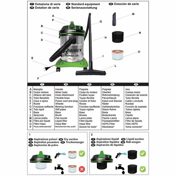 Bidone aspiratutto soffiatore con presa elettroutensili 20 lt 1200 w - Ribimex Aspirix 20L PRASP20IT/PEX