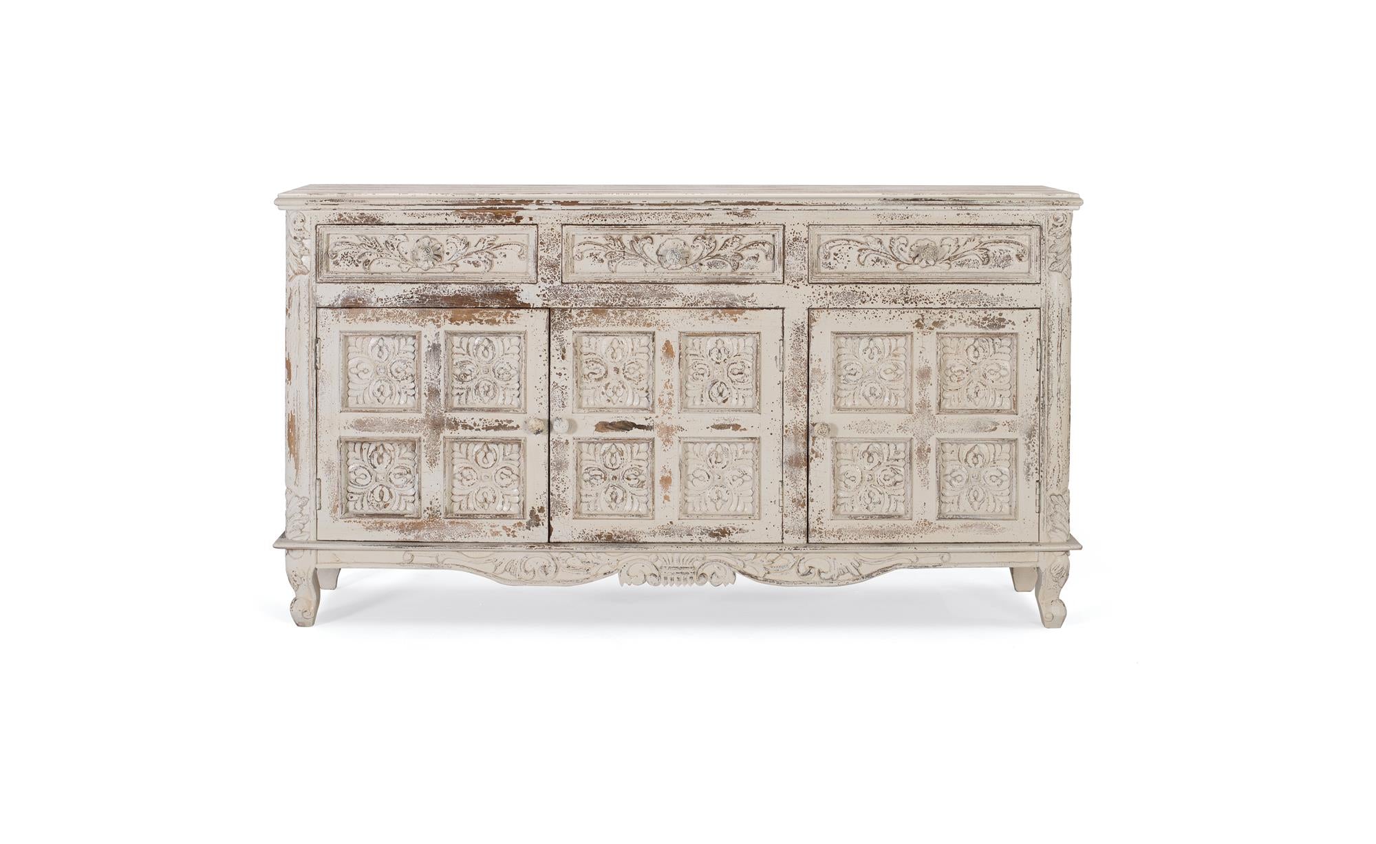 Credenza in legno di mango bianco finitura craquelée