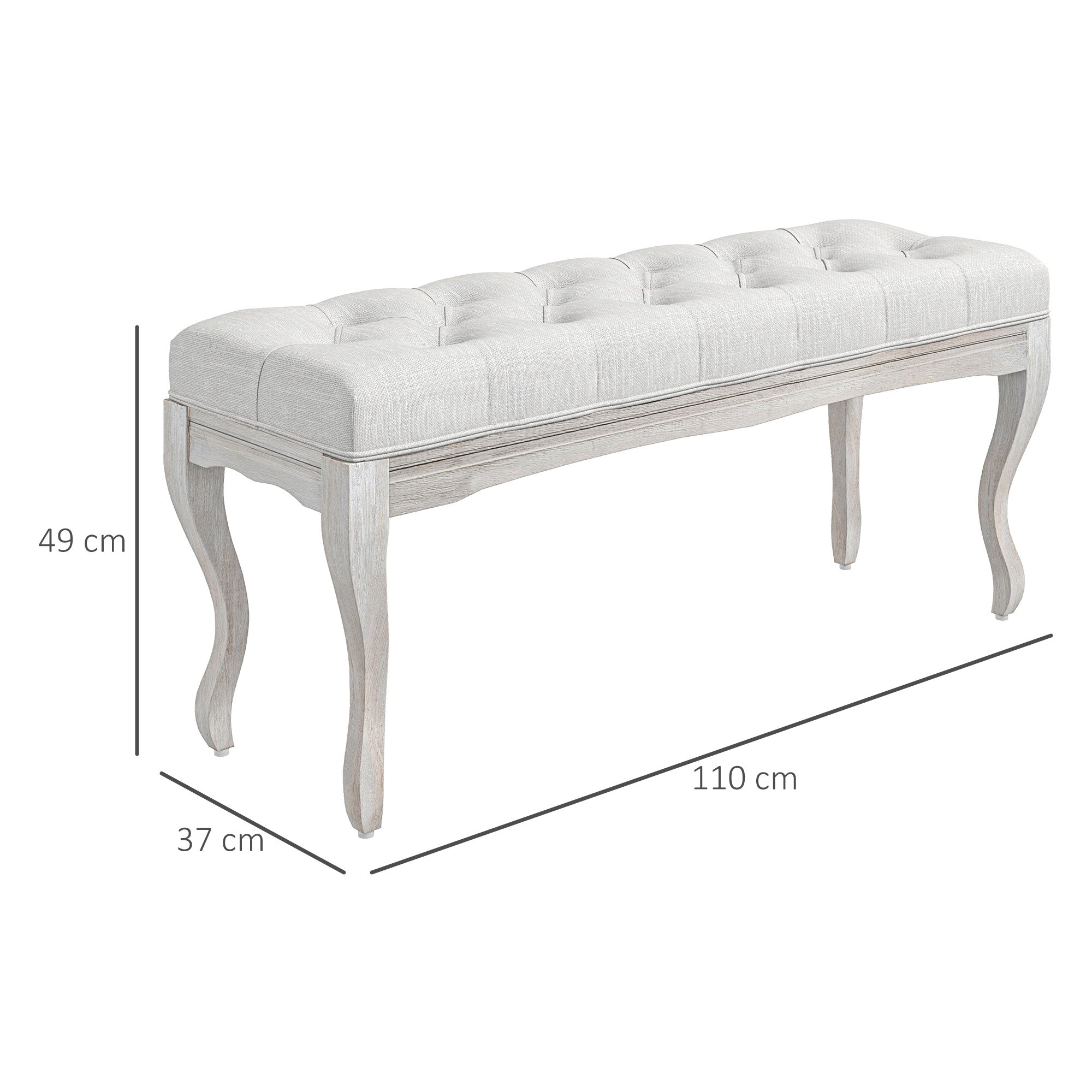 Panca Fondoletto Stile Vintage 110x37x49 cm in Tessuto Effetto Lino Bianco Crema