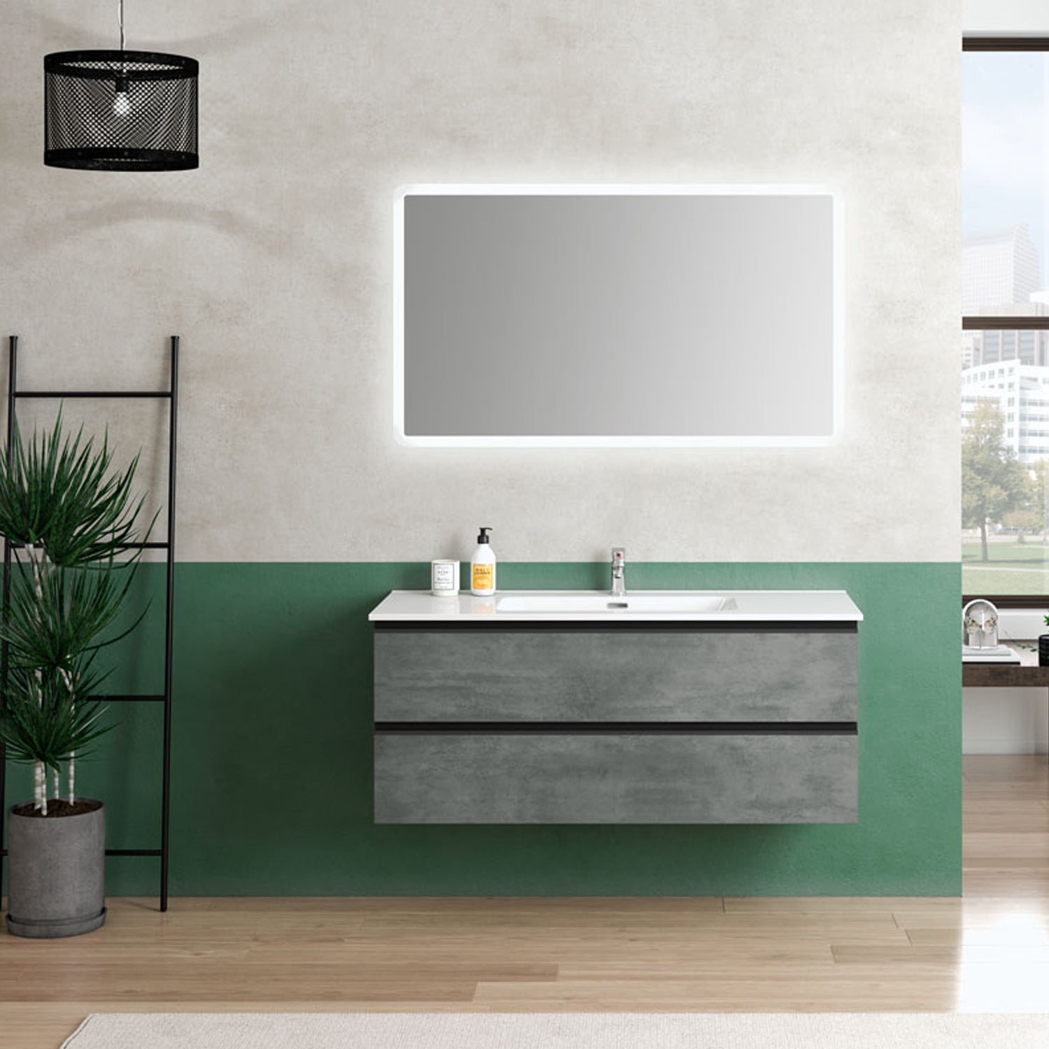 Composizione bagno sospesa con lavabo e specchio retroilluminato York07 120x46x190h cm Cemento