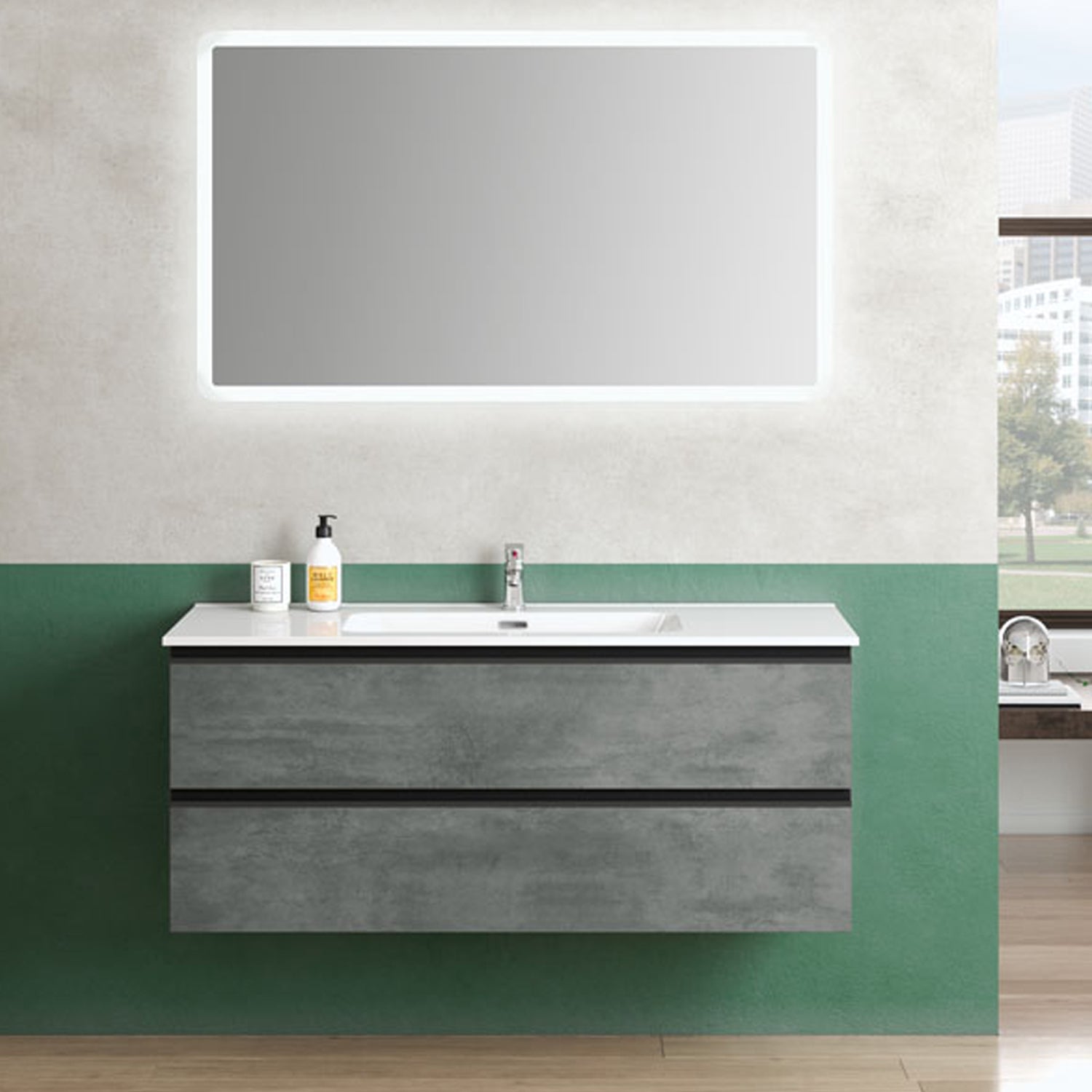 Composizione bagno sospesa con lavabo e specchio retroilluminato York07 120x46x190h cm Cemento