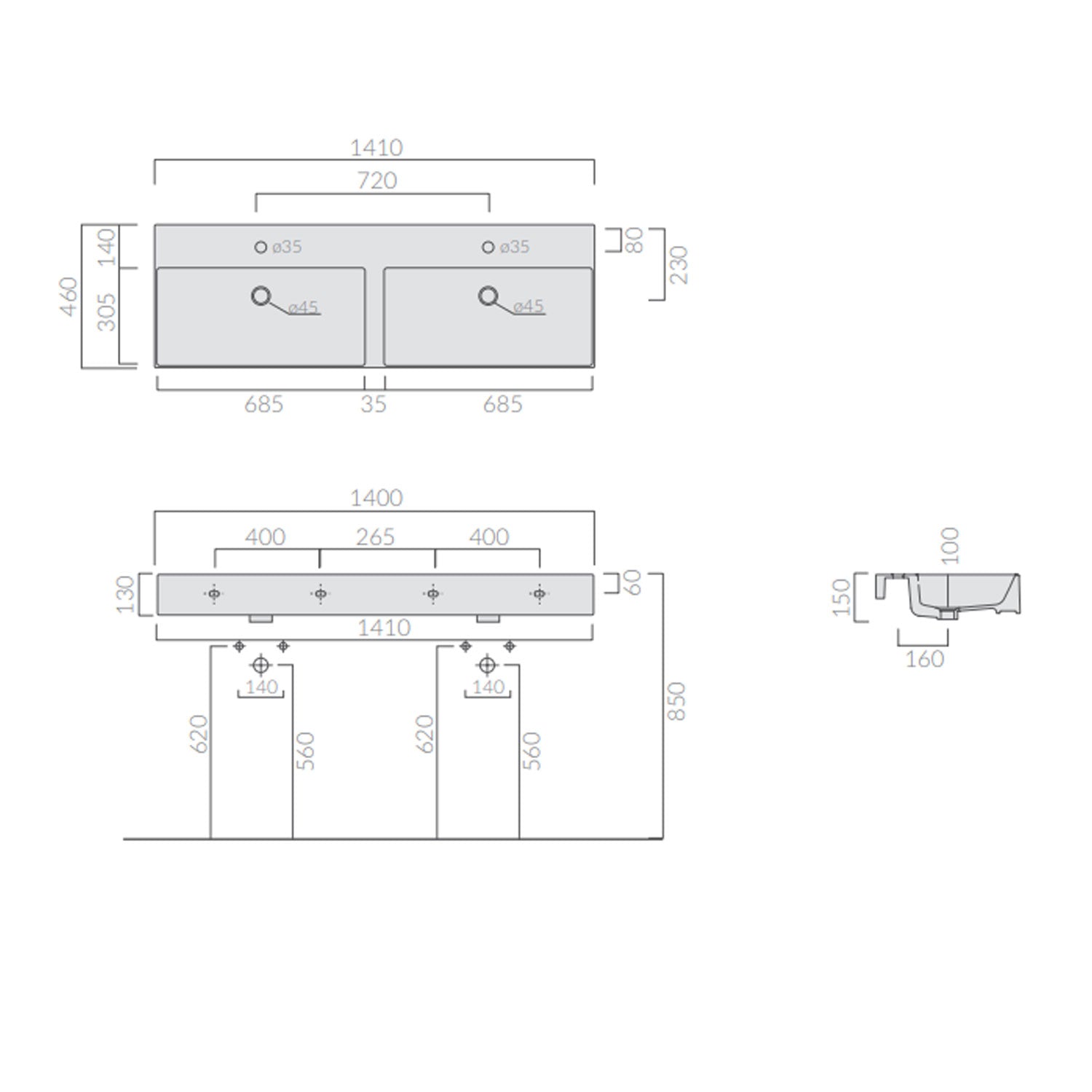 Lavabo da appoggio/sospeso 2 vasche 141x46cm serie Meg11 Pro di Ceramica Galassia -  Bianco lucido