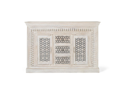 Credenza in massello di mango intagliato Colore bianco invecchiato