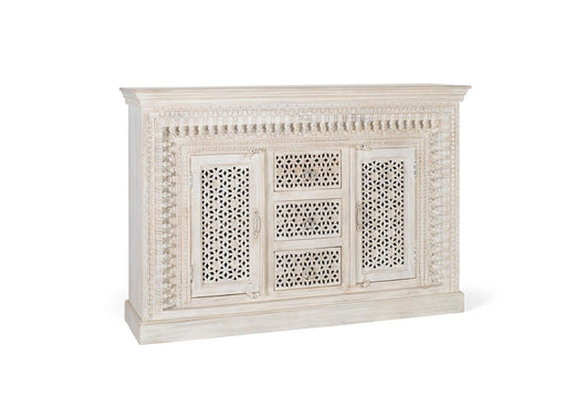 Credenza in massello di mango intagliato Colore bianco invecchiato