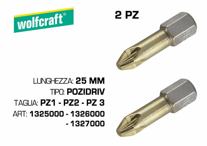 Wolfcraft Inserto Avvitatore Croce 25 mm Pozidriv 1325000 1326000 1327000 Taglia: PZ 1