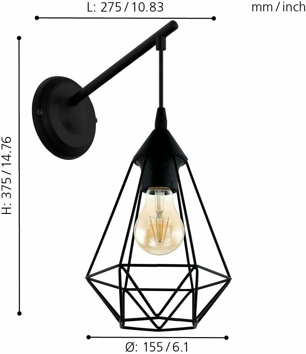 Applique Parete Led Vintage Lampada Interno E27 Metallo Sospesa Nero Tarbes EGLO