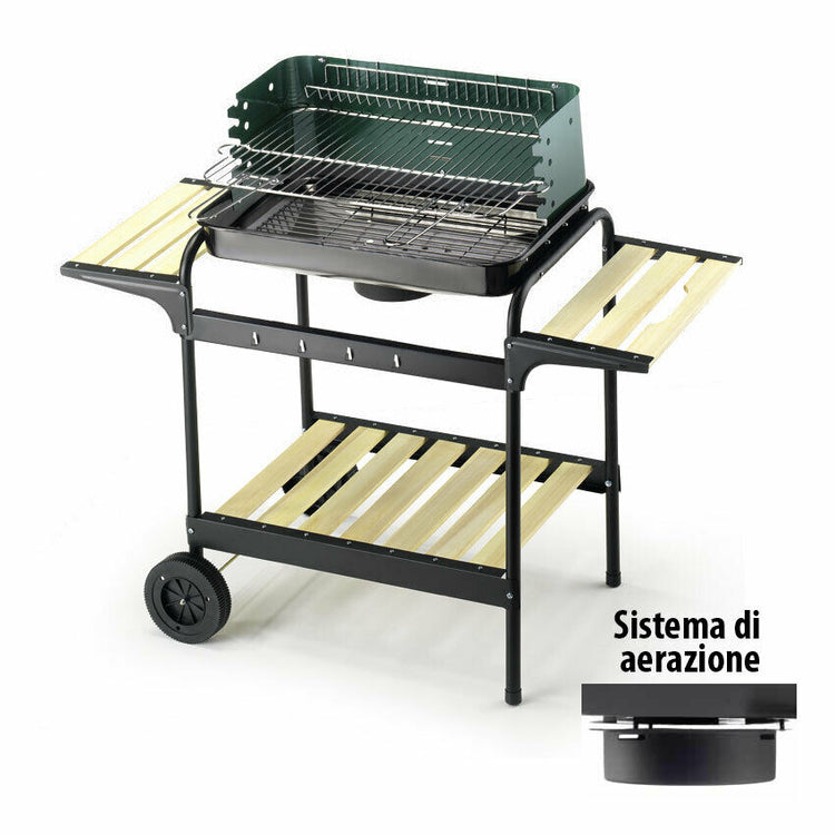 Barbecue Carbonella Portatile Carrello Ruote Ripiani Legno Carbone Ompagrill