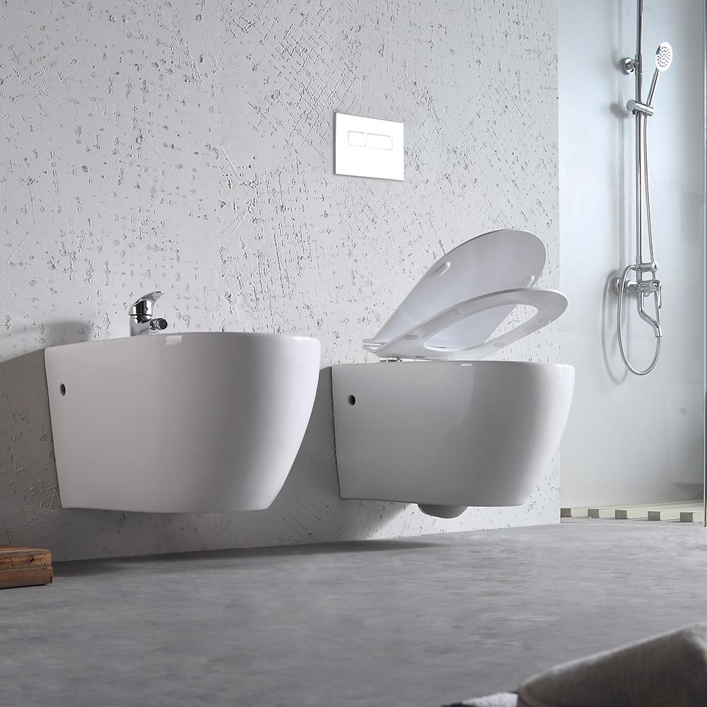 Coppia di Sanitari WC e Bidet Sospesi Filo Muro in Ceramica 36,5x56x37cm Bianco