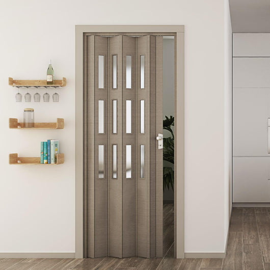 Porta a Soffietto da Interno 88,5x214 cm in PVC con Vetro Saba Jasmine Rovere Tortora