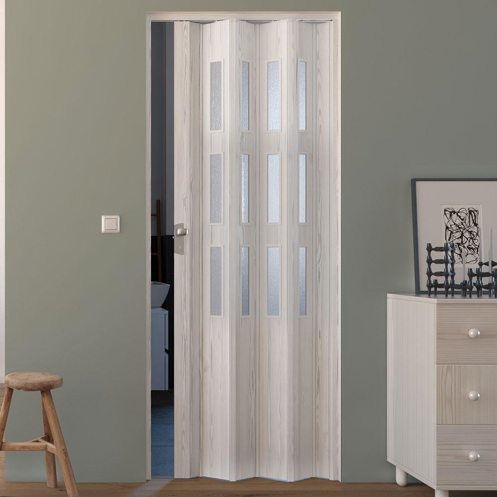 Porta a Soffietto da Interno 88,5x214 cm in PVC con Vetro Saba Jasmine Pino Sbiancato