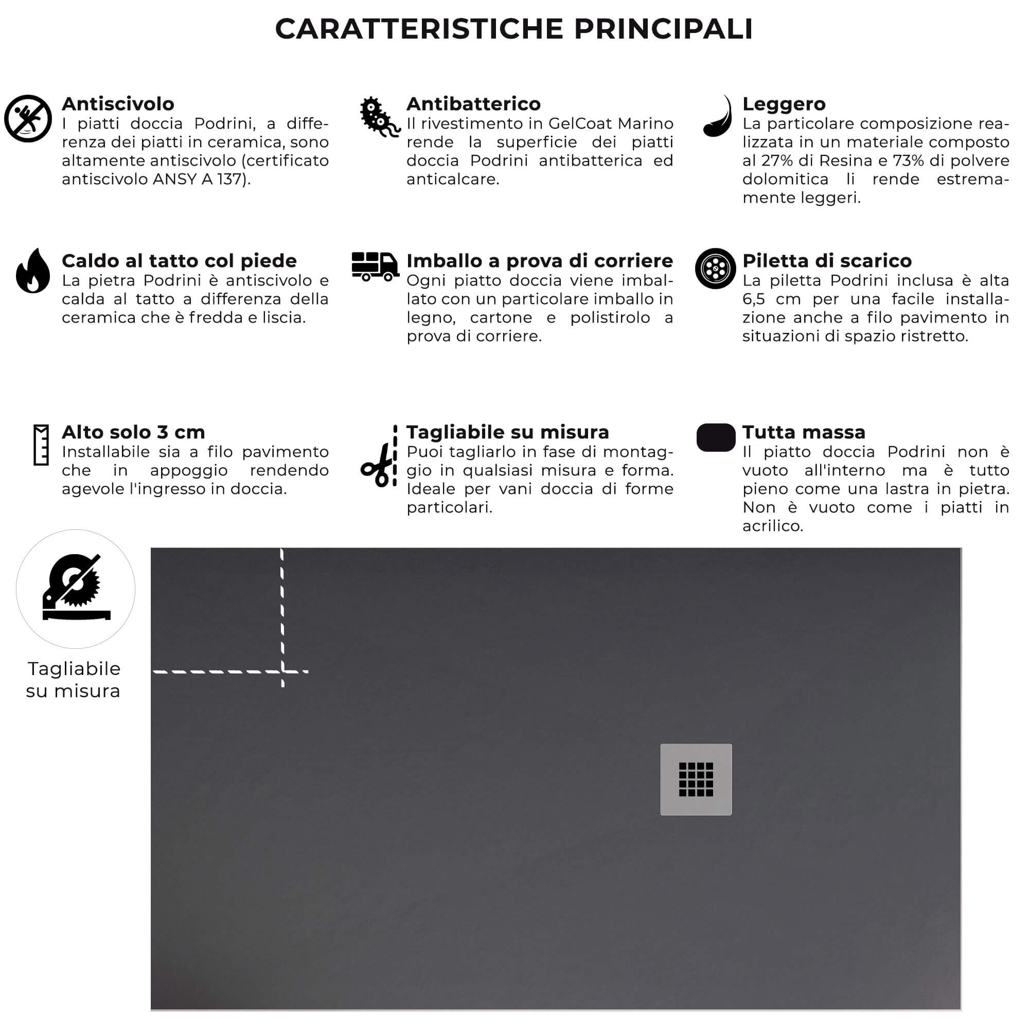 Piatto Doccia 70x90 cm in Pietra Bonussi Everest Antracite