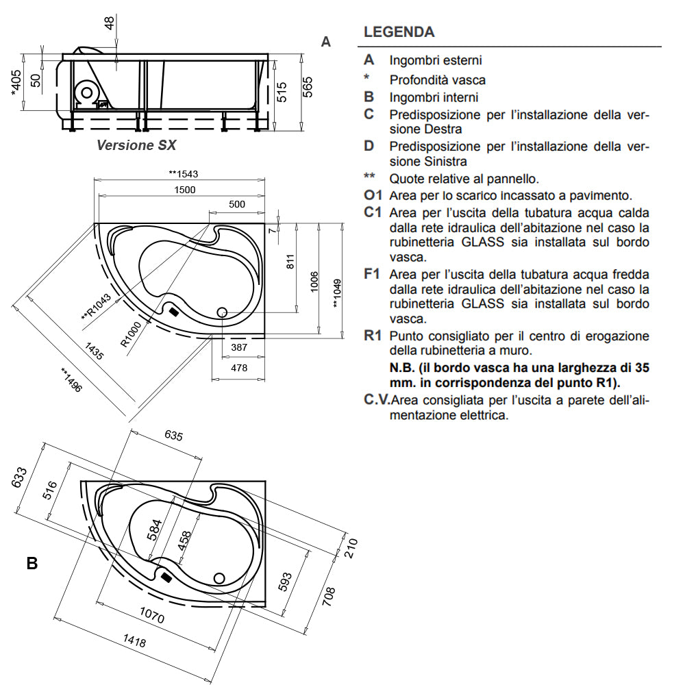 Vasca Bagno asimmetrica modello Grace in acrilico e Abs cm 150x100- Versione Sinistra