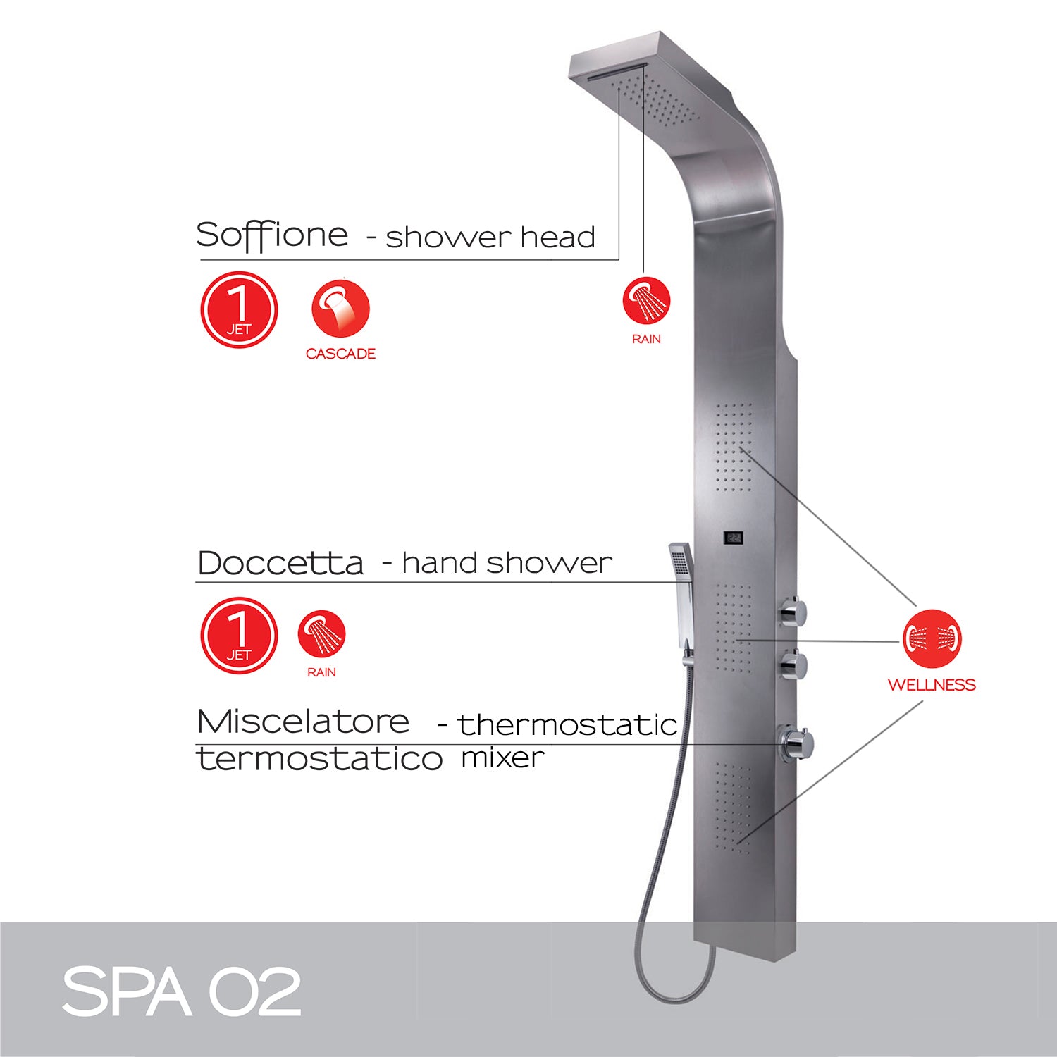 Pannello doccia multifunzione con miscelatore termostatico da cm 167 modello SPA 02 finitura inox - Spazzolato