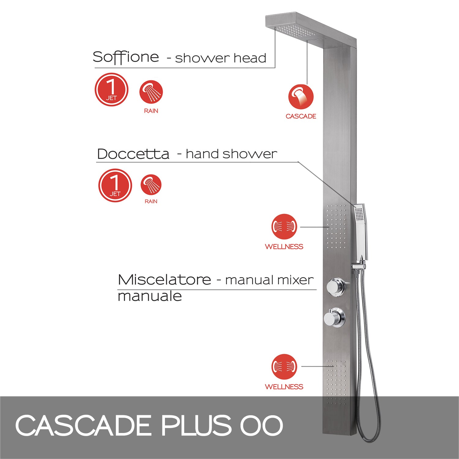 Pannello doccia multifunzione con cascata e miscelatore termostatico modello CASCADE PLUS 00 finitura inox - Spazzolato