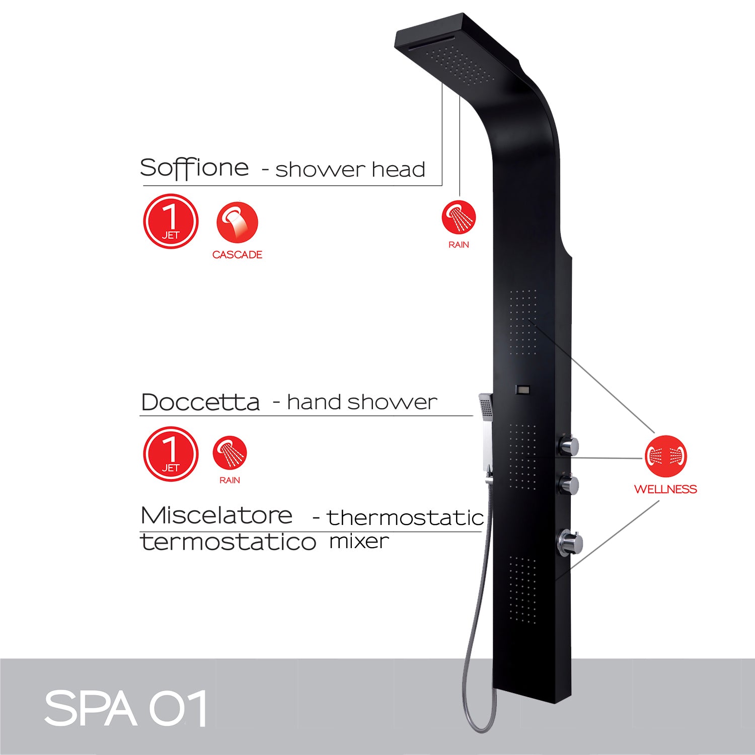 Pannello doccia multifunzione con miscelatore termostatico da cm 167 modello SPA 01 - Nero