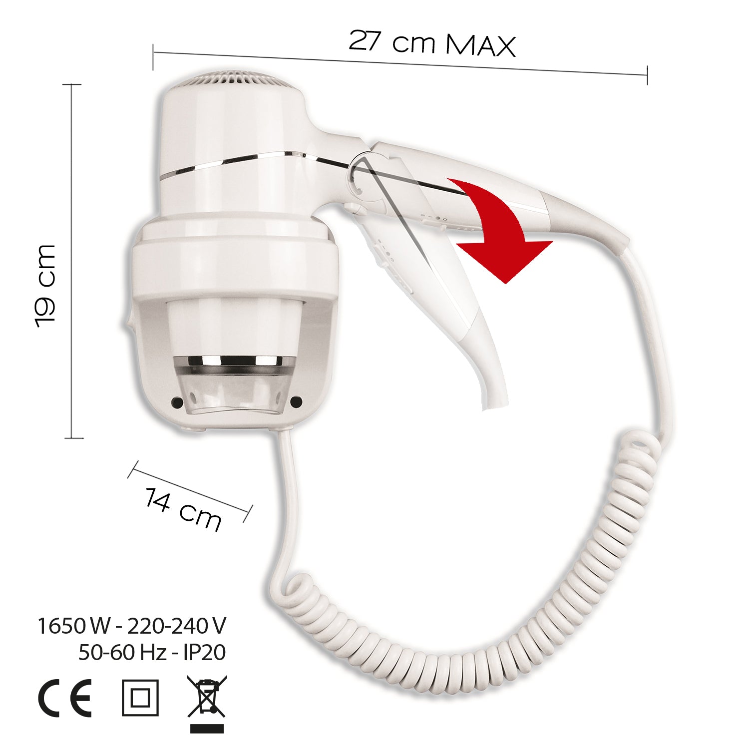 Asciugacapelli con supporto a parete 1650 W di Gedy modello Levante - Bianco