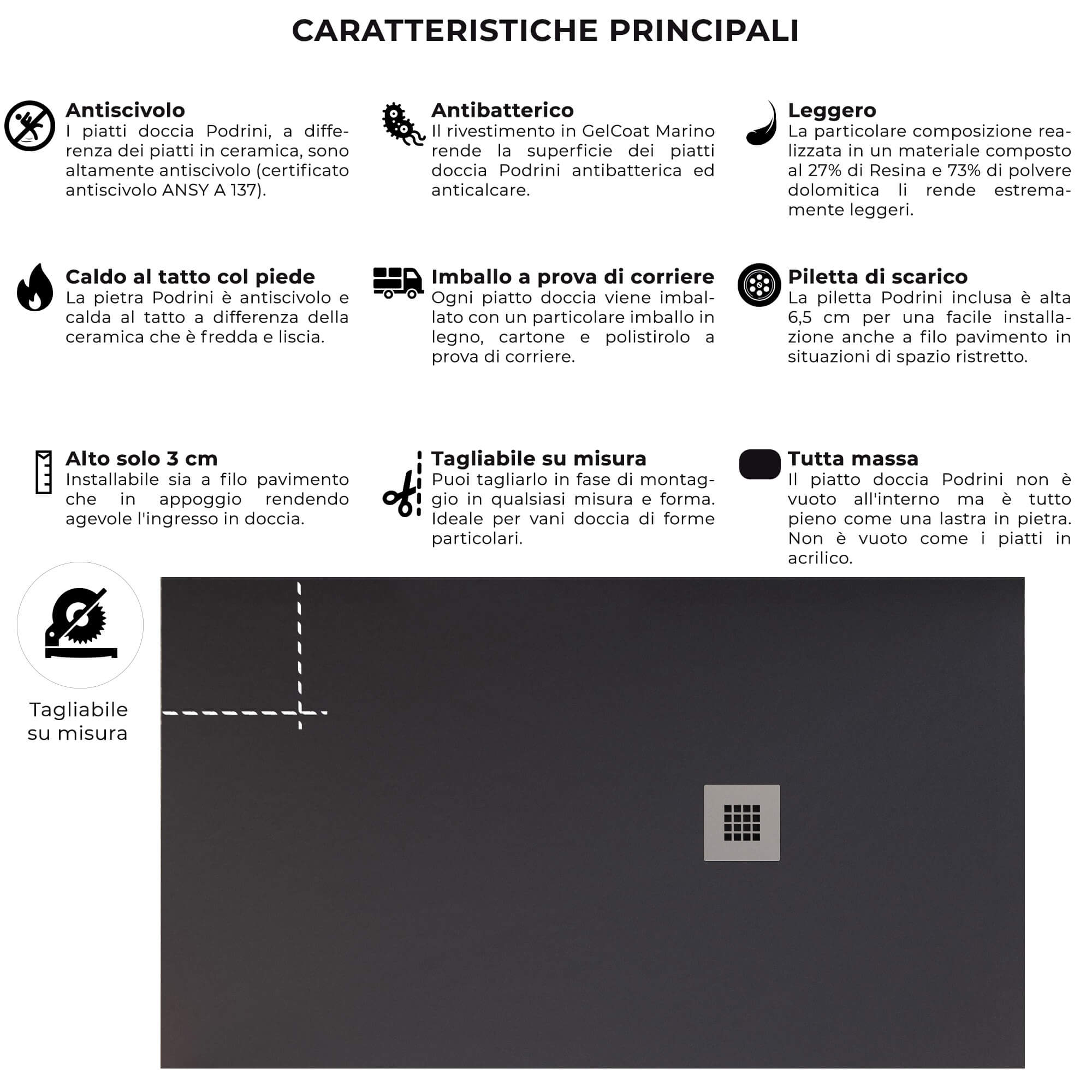 Piatto Doccia 80x100 cm in Pietra Bonussi Everest Nero