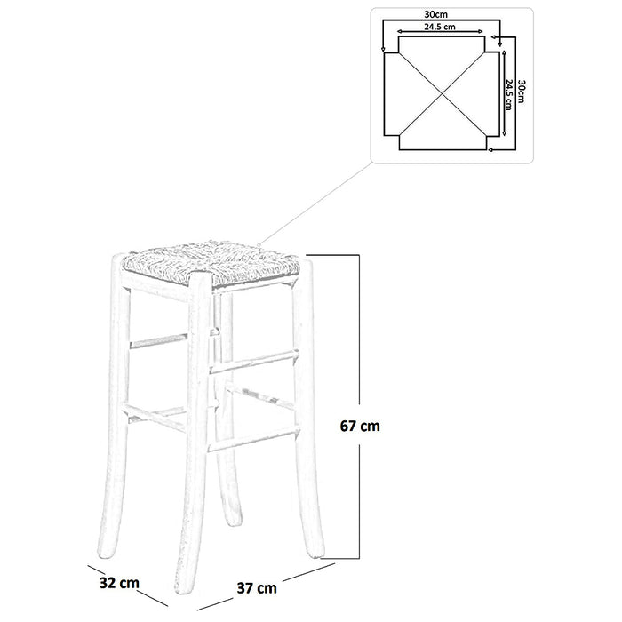 Sgabello legno con seduta quadrata paglia h 67cm in noce chiaro gambe a sciabola