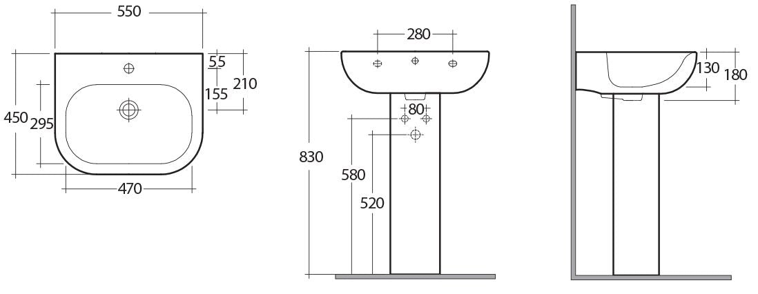 Lavabo a Parete misura 55 x 45 cm altezza 13 cm Tonique