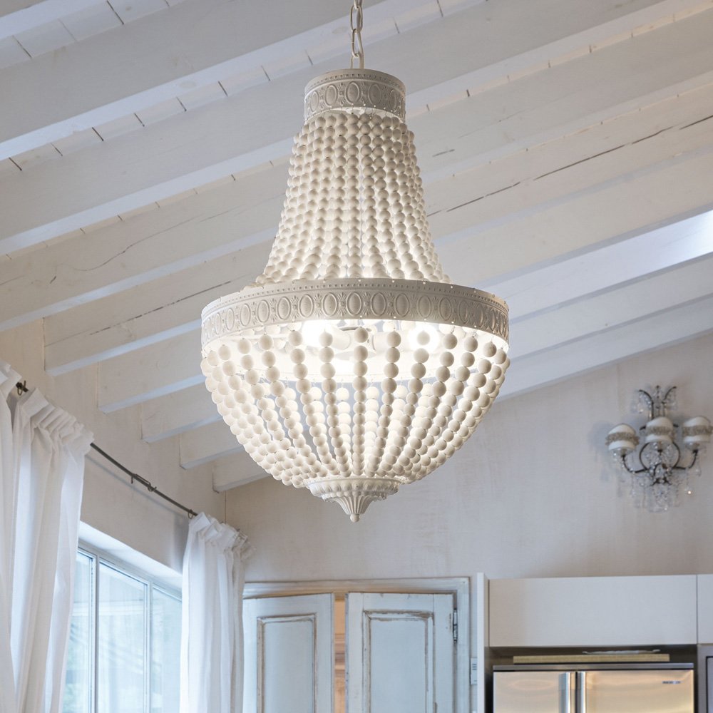 Lampadario Shabby Chic-Provenzale Monet Legno Bianco 5 Luci E14