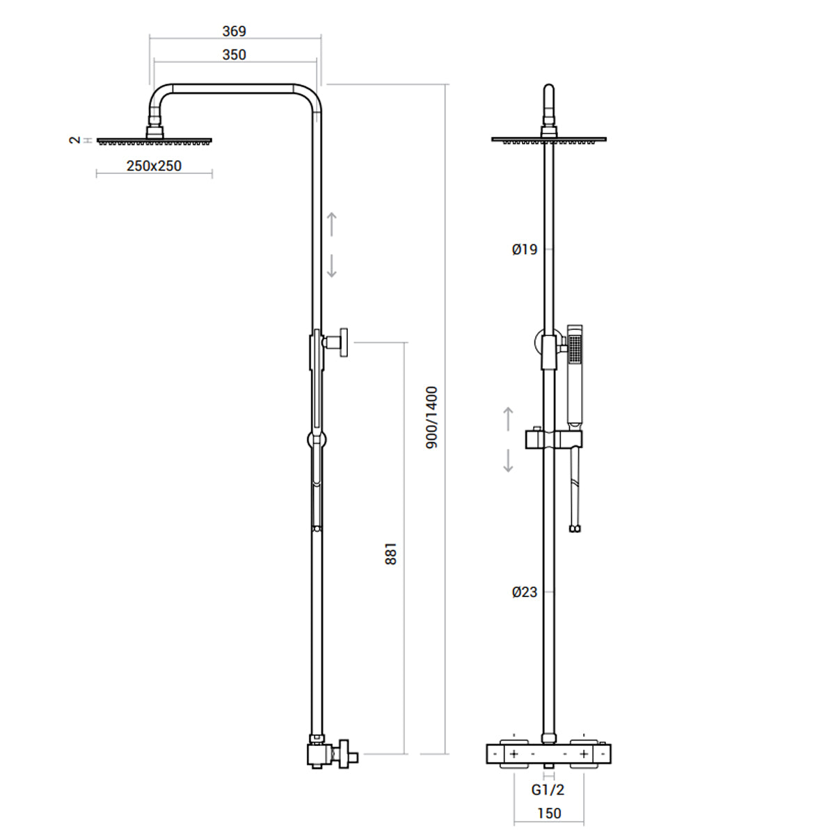 Colonna Doccia  Termostatica con soffione quadrato 25x25 in acciaio inox e doccino in ottone