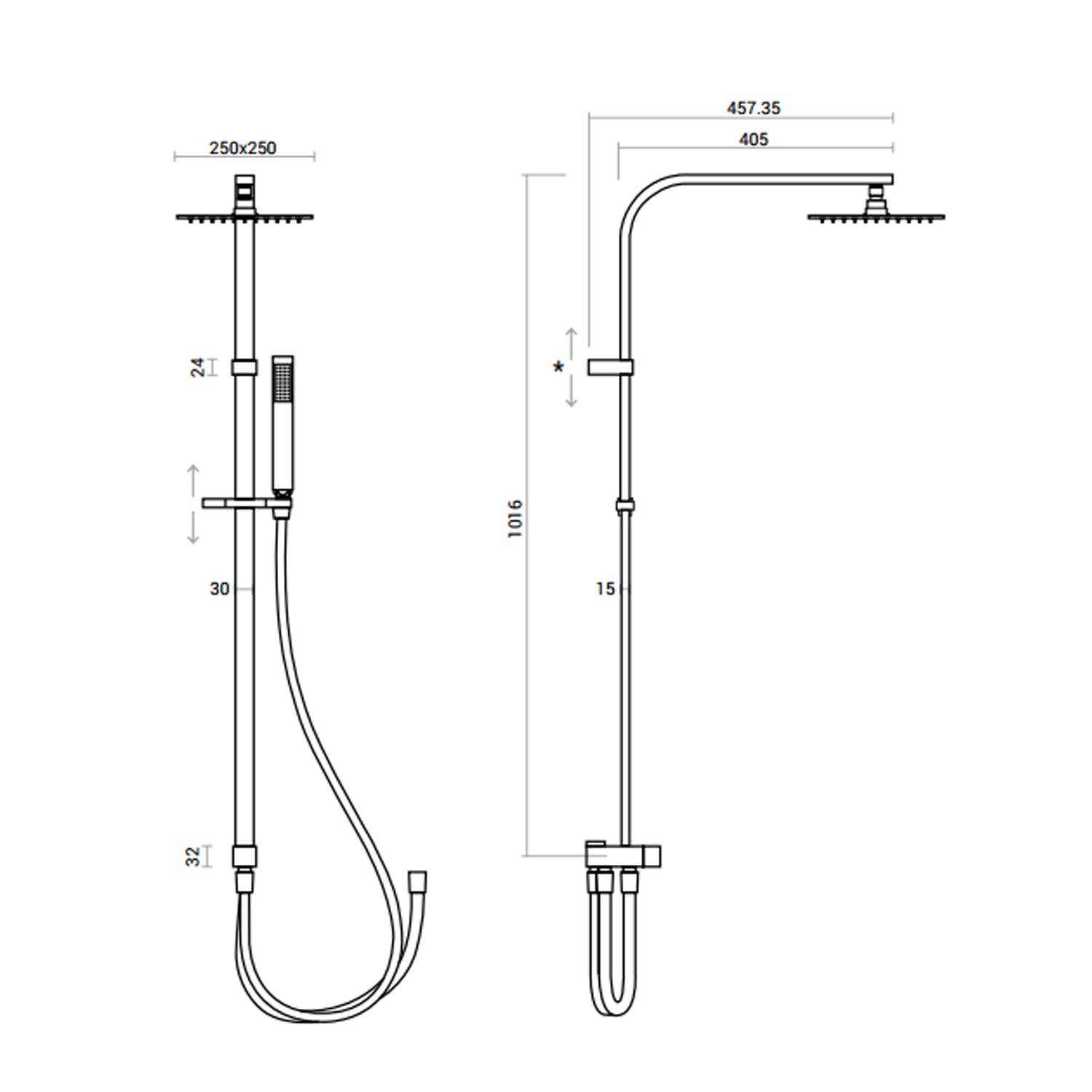 Colonna Doccia Squadrata soffione quadrato 25x25 cm in acciaio inox ultra slim e deviatore integrato