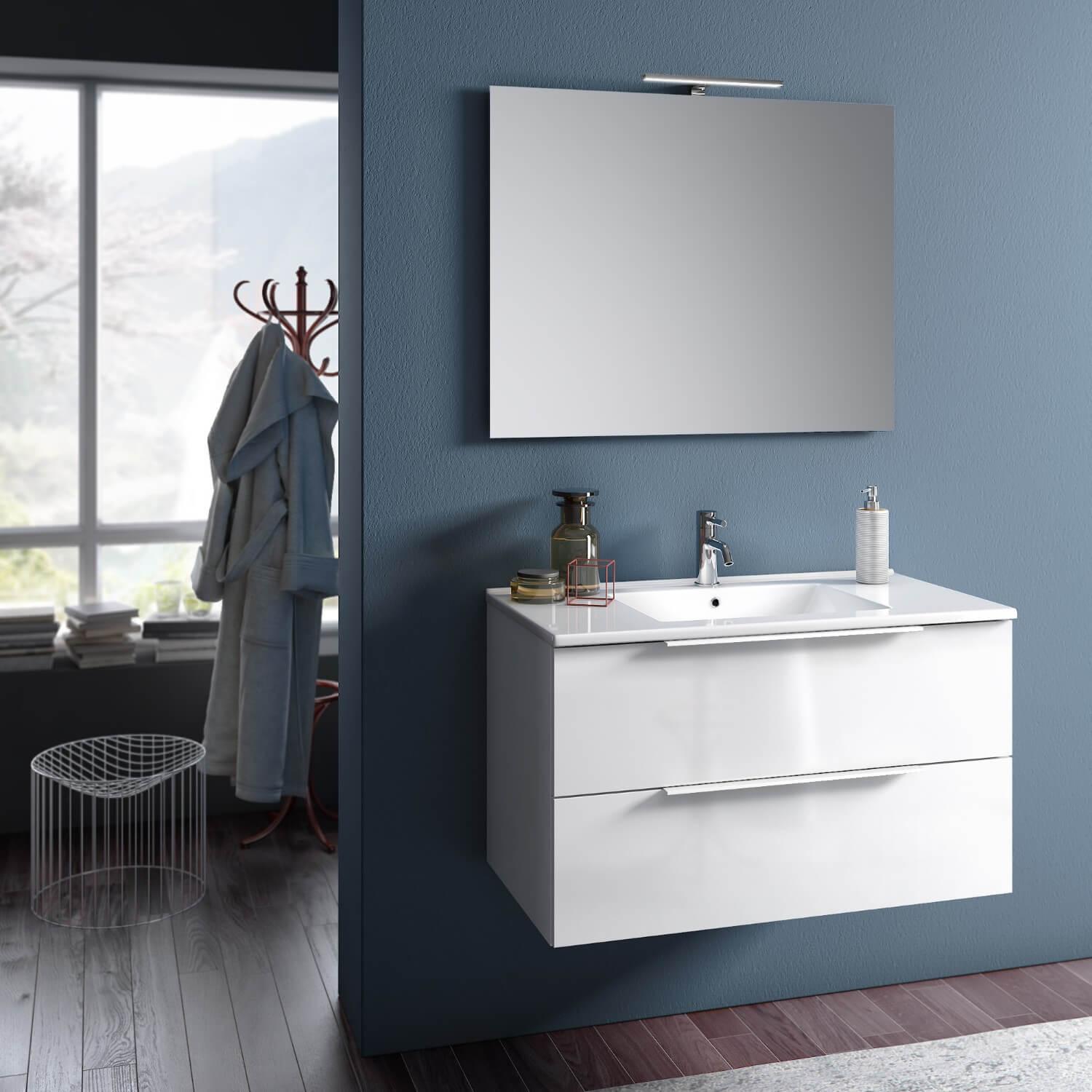 Mobile da Bagno Sospeso con Lavabo Specchio e Lampada a LED TFT Luna Bianco Lucido