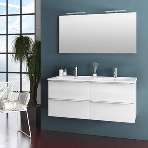 Mobile da Bagno Sospeso con Doppio Lavabo e Doppia Lampada a LED TFT Luna Bianco Lucido