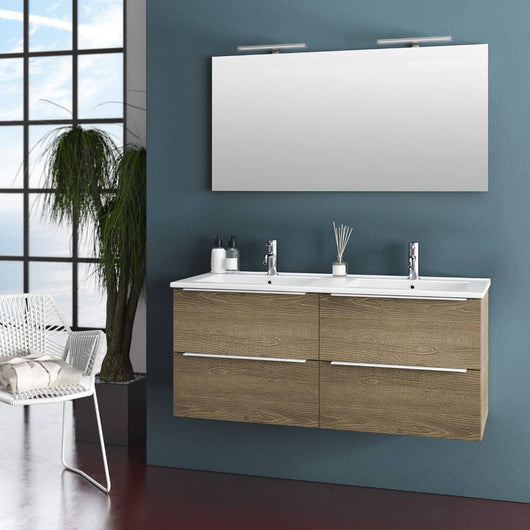 Mobile da Bagno Sospeso con Doppio Lavabo e Doppia Lampada a LED TFT Luna Rovere Miele