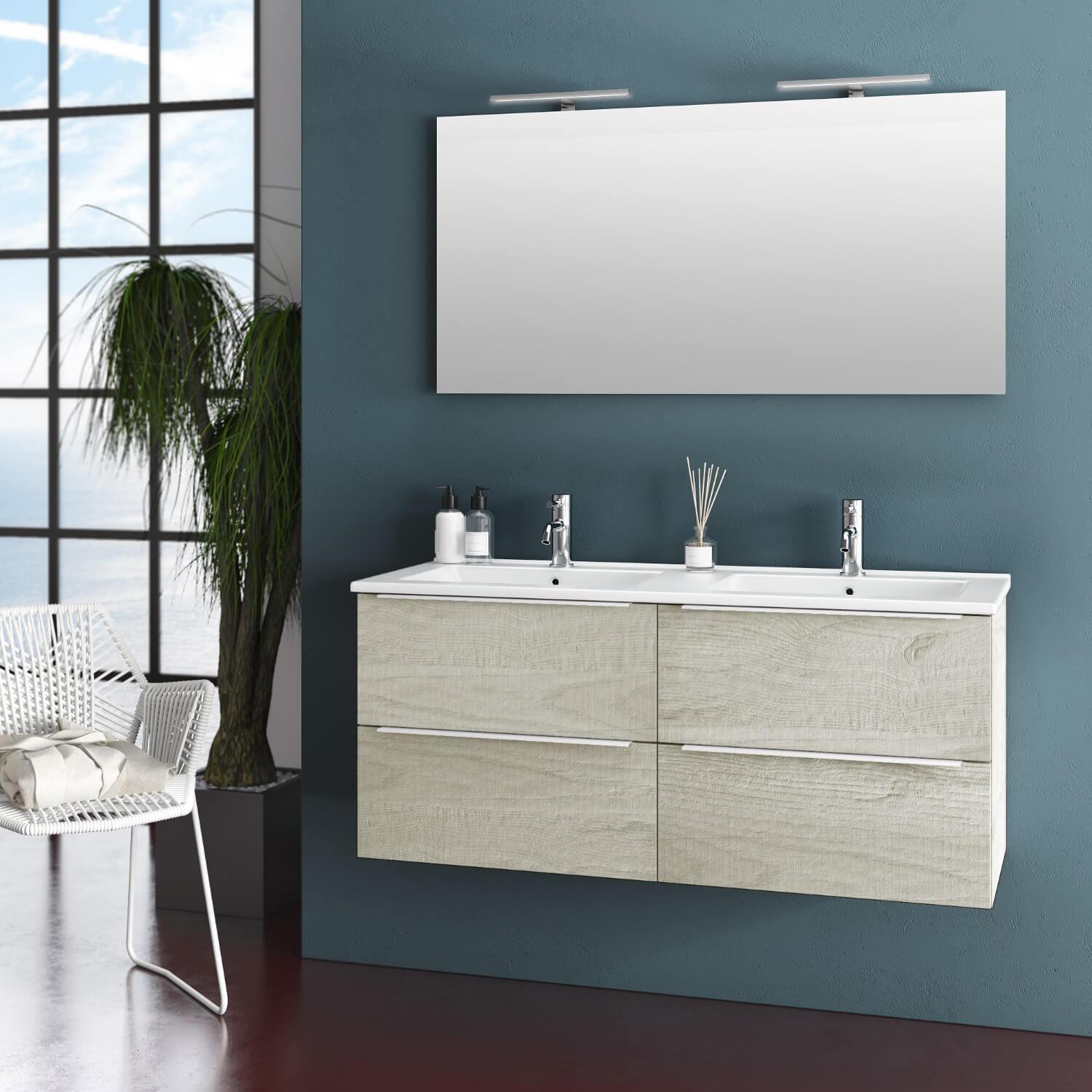 Mobile da Bagno Sospeso con Doppio Lavabo e Doppia Lampada a LED TFT Luna Rovere Naturale