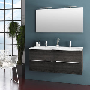 Mobile da Bagno Sospeso con Doppio Lavabo e Doppia Lampada a LED TFT Luna Rovere Wengè