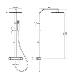 Colonna Doccia Squadrata soffione quadrato cm in acciaio inox ultra slim e miscelatore termostatico a 2 vie