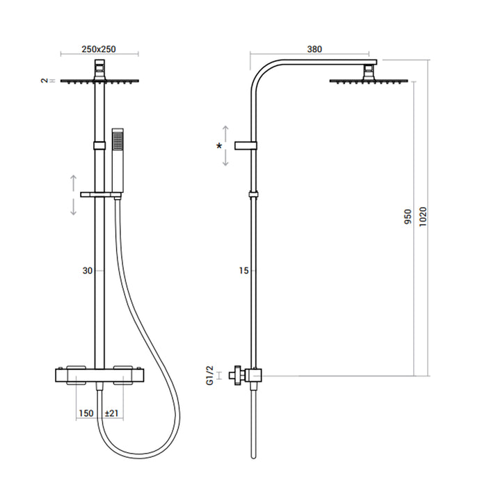 Colonna Doccia Squadrata soffione quadrato cm in acciaio inox ultra slim e miscelatore termostatico a 2 vie