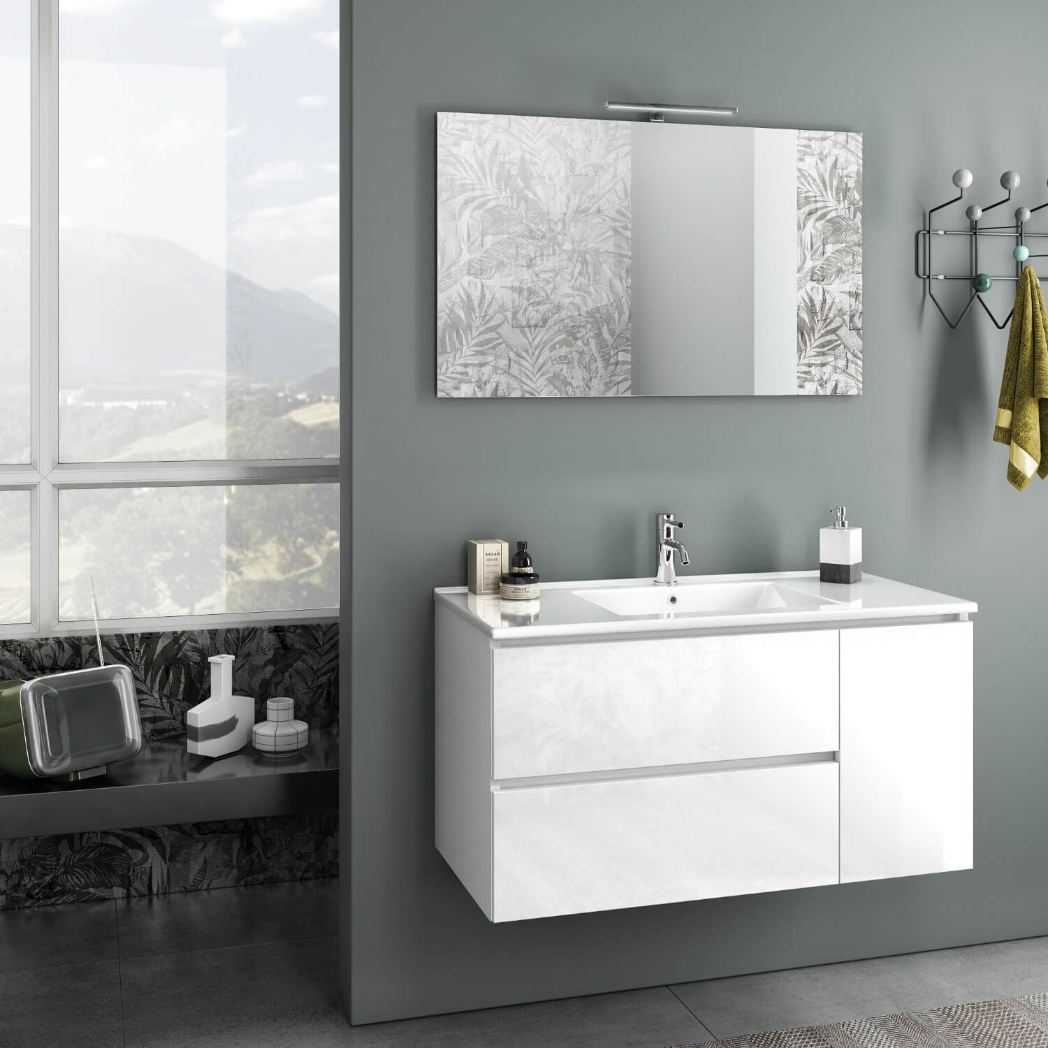 Mobile da Bagno Sospeso con Lavabo Specchio e Lampada a LED TFT Febe Bianco Lucido