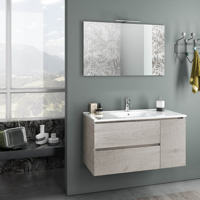 Mobile da Bagno Sospeso con Lavabo Specchio e Lampada a LED TFT Febe Rovere Naturale