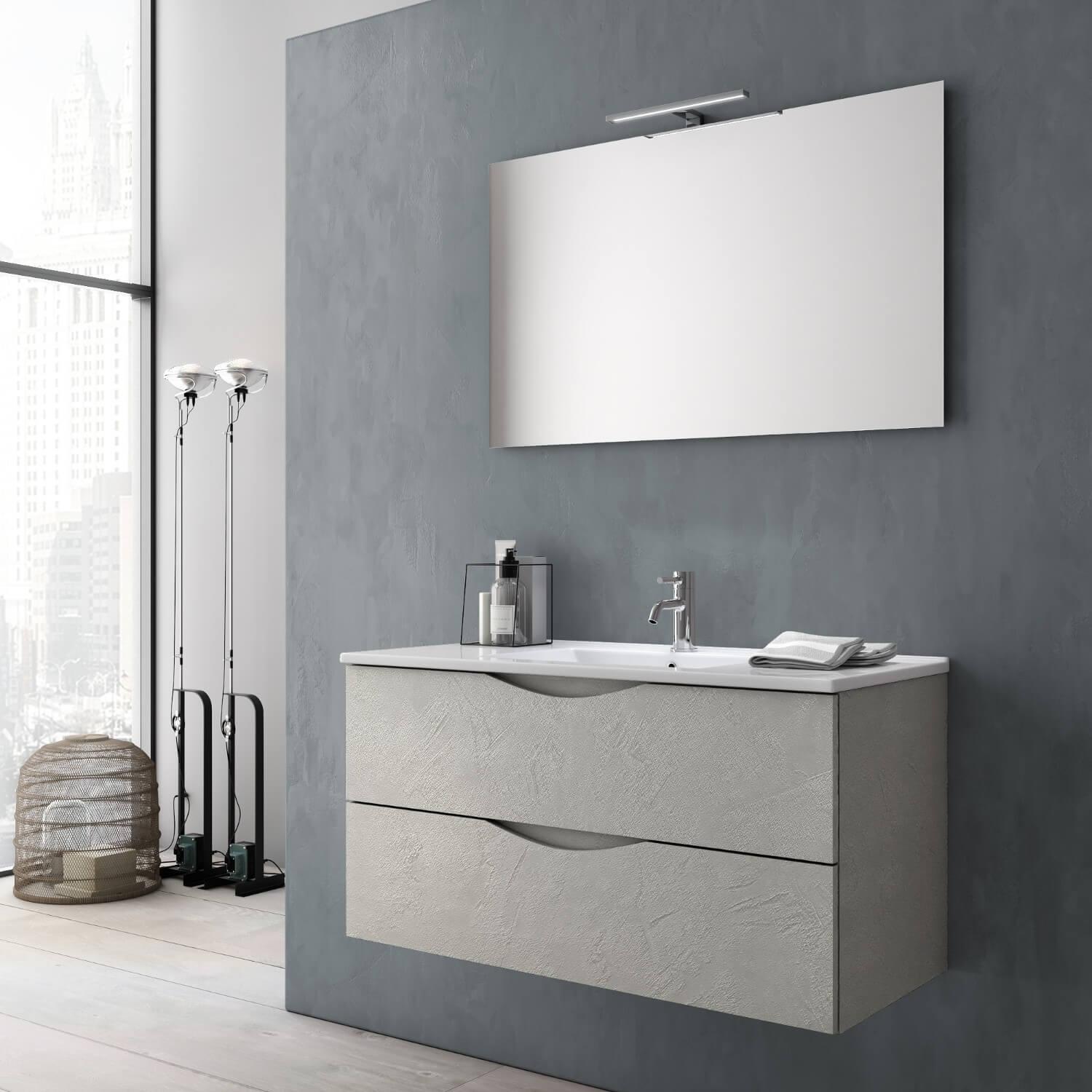 Mobile da Bagno Sospeso con Lavabo Specchio e Lampada a LED TFT Marte Grigio Effetto Pietra