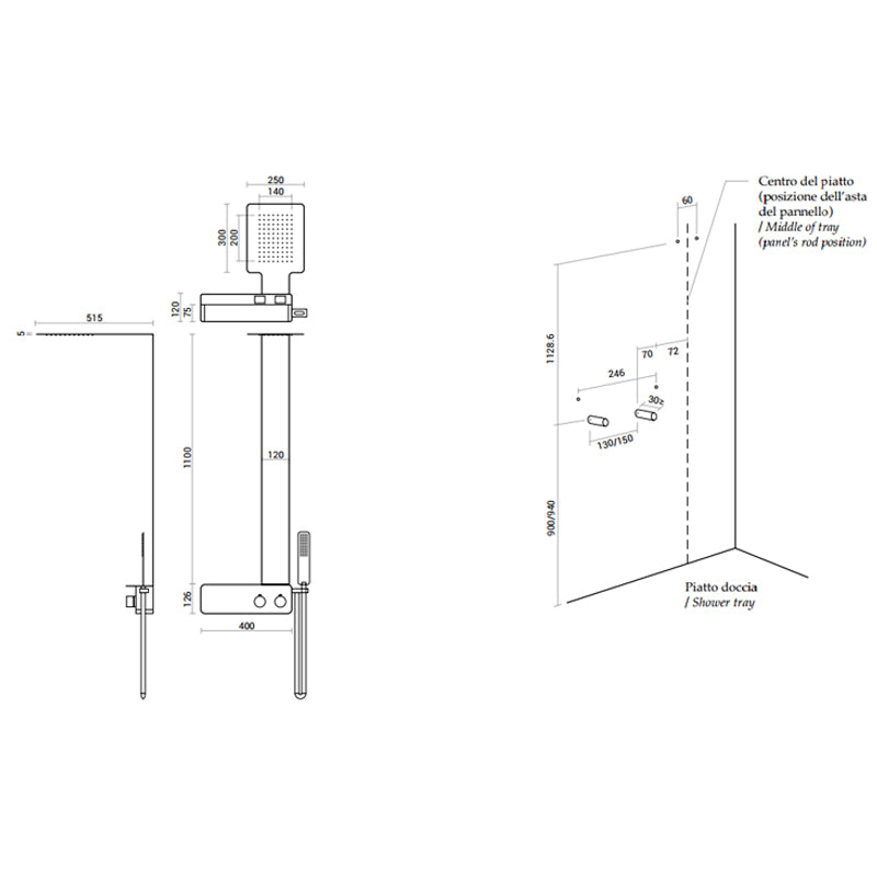 Pannello Doccia con ripiano portaoggetti sinistro realizzato in acciaio inox spazzolato completo di deviatore a 2 vie