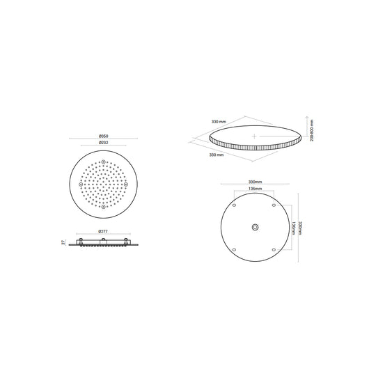 Soffione doccia ad incasso tondo diametro 35 cm in acciaio inox spessore 2 mm con kit di installazione