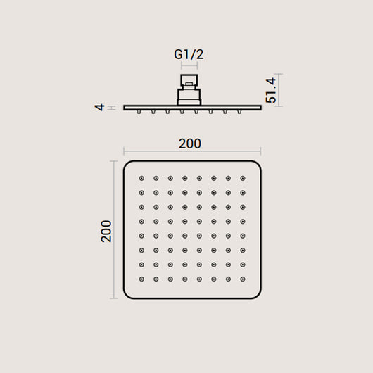 Soffione doccia quadro 20x20 cm acciaio inox spessore 4 mm con getti anticalcare in silicone