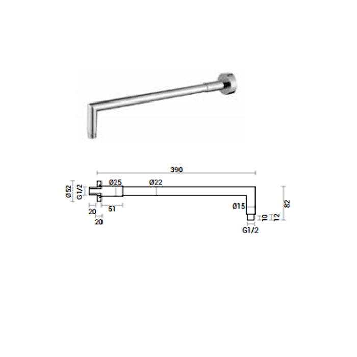 Braccio doccia di forma tonda lungo 39 cm in ottone cromato lucido 