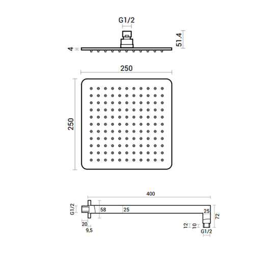 Soffione doccia quadrato 25x25 con braccio in acciaio inox spazzolato spessore 4 mm