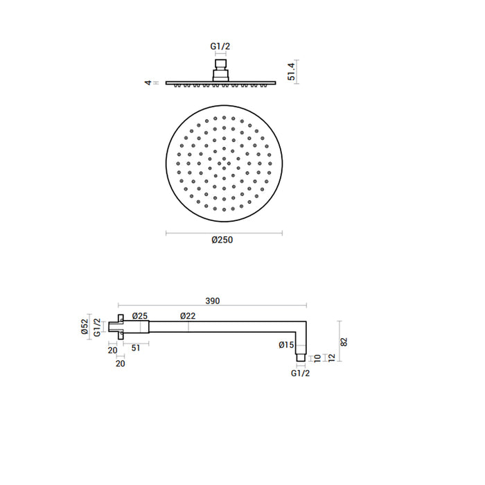 Soffione doccia tondo diametro 25 cm con braccio in acciaio inox spazzolato spessore 4 mm